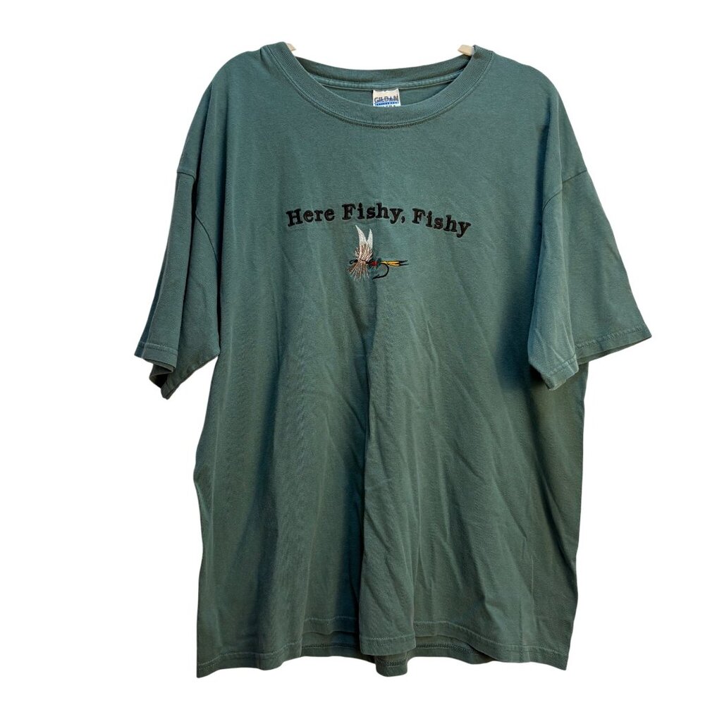 Gildan Activewear Ultra Cotton "Here Fishy Fishy" Graphic T-Shirt‎ XL Green